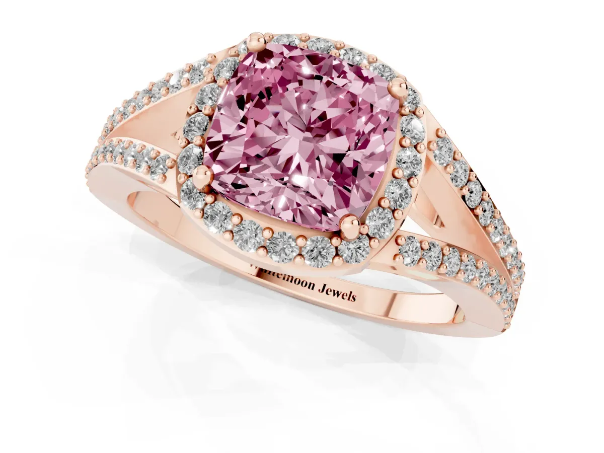 Fancy Pink Cushion Cut Halo Split Shank Pave Diamond Ring with Four-Prong Setting Rose gold