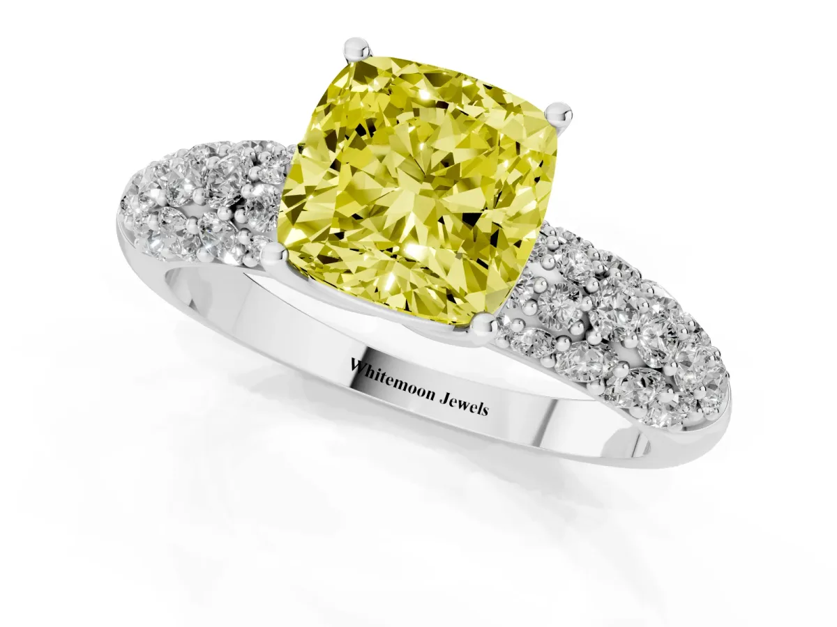 Fancy Yellow Cushion Cut Diamond Pavé Band Solitaire Ring with Four-Prong Setting Silver