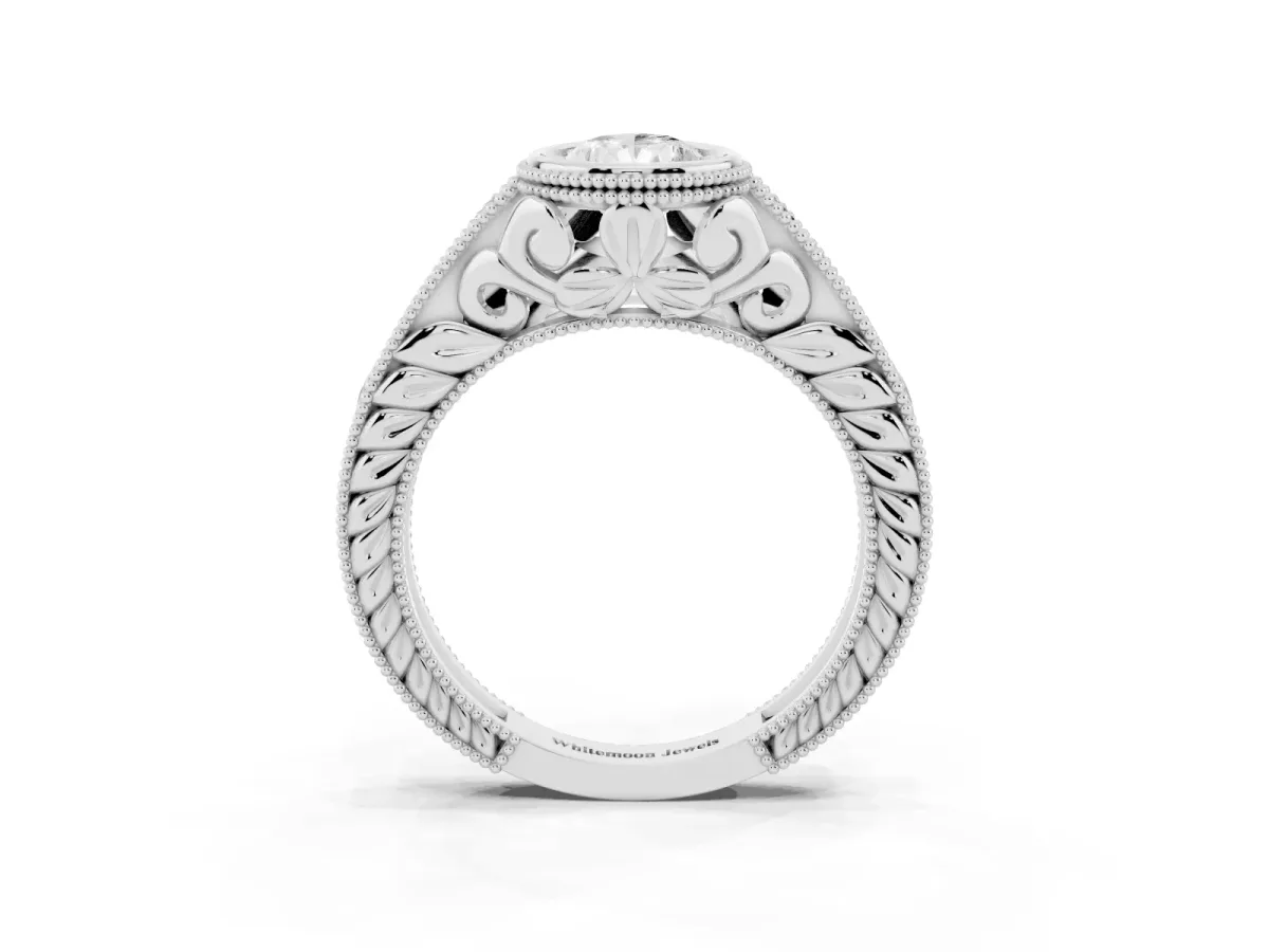 Bezel Set Pear Cut Diamond Milgrain Pave Engagement Ring Silver