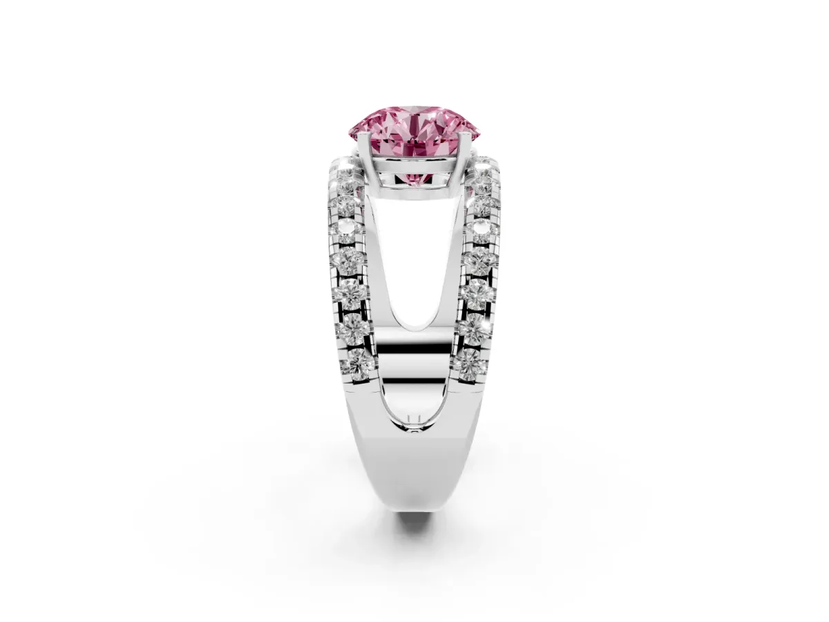 Fancy Pink Round Cut Solitaire Split Shank Pave Diamond Ring Silver
