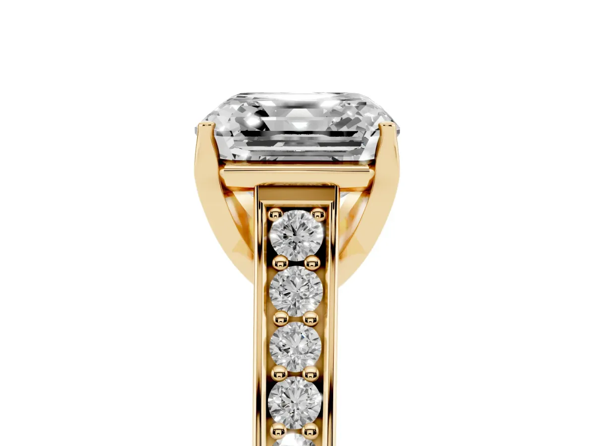 Asscher Cut Brilliant Cut Diamond Engagement Ring with Pavé Band and Four-Prong Setting Yellow gold