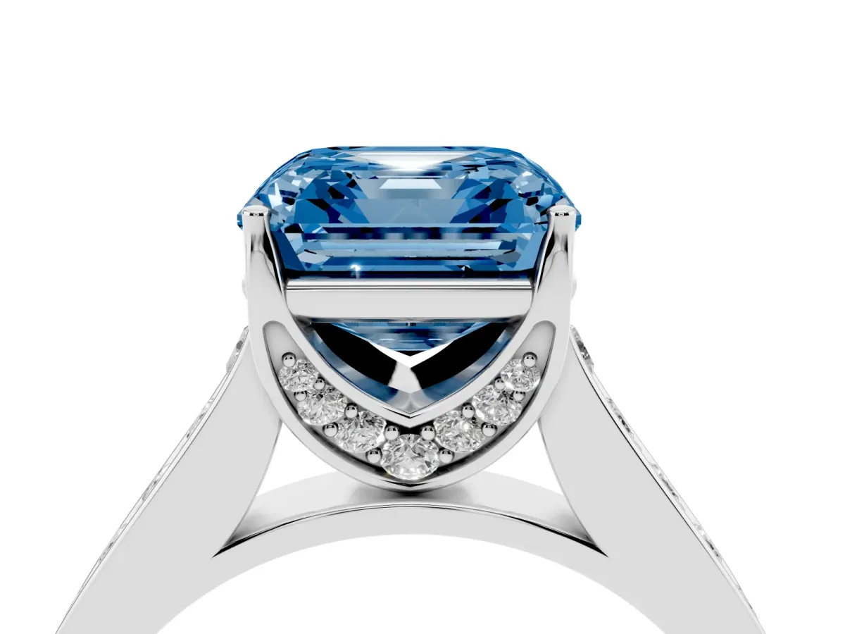 Fancy Blue Asscher Cut Brilliant Cut Diamond Engagement Ring with Pavé Band and Four-Prong Setting White gold