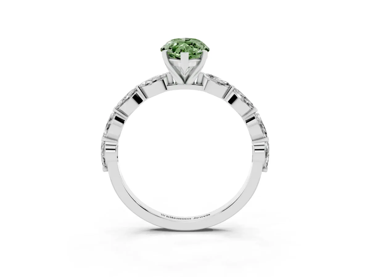 Fancy Green Marquise Cut Diamond Ring with Marquise Side Stones and Prong Setting Platinum