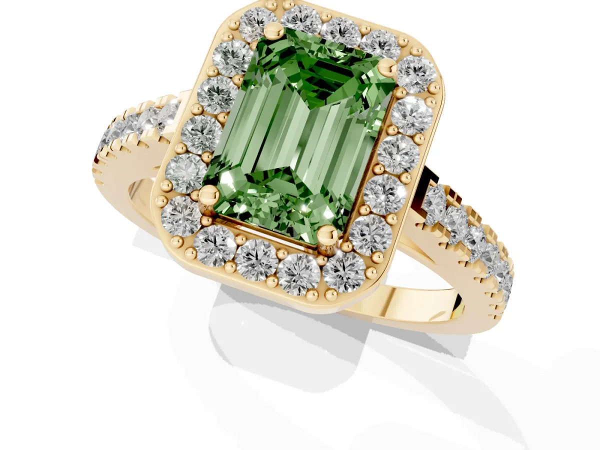 Fancy Green Emerald Cut Diamond Halo Ring with Round Pavé Split Shank and Prong Setting Yellow gold