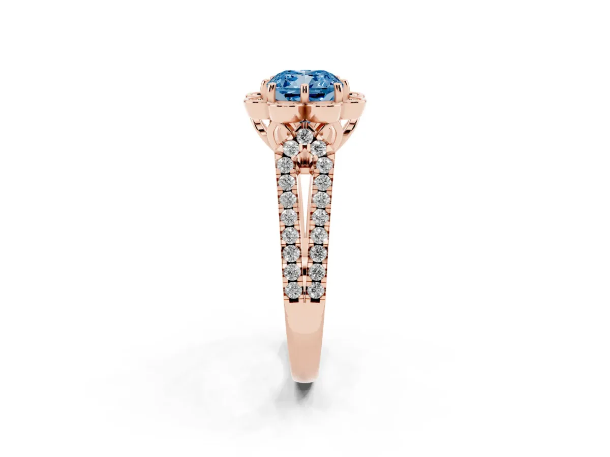 Fancy Blue Cushion Cut Halo Diamond Floral Split Shank Engagement Ring Rose gold