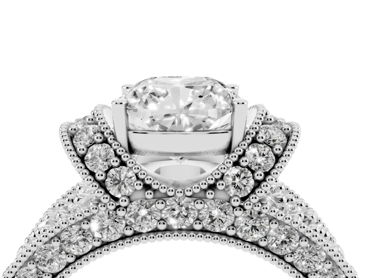 Cushion Cut Halo Pave Diamond Engagement Ring with Milgrain Detailing Silver