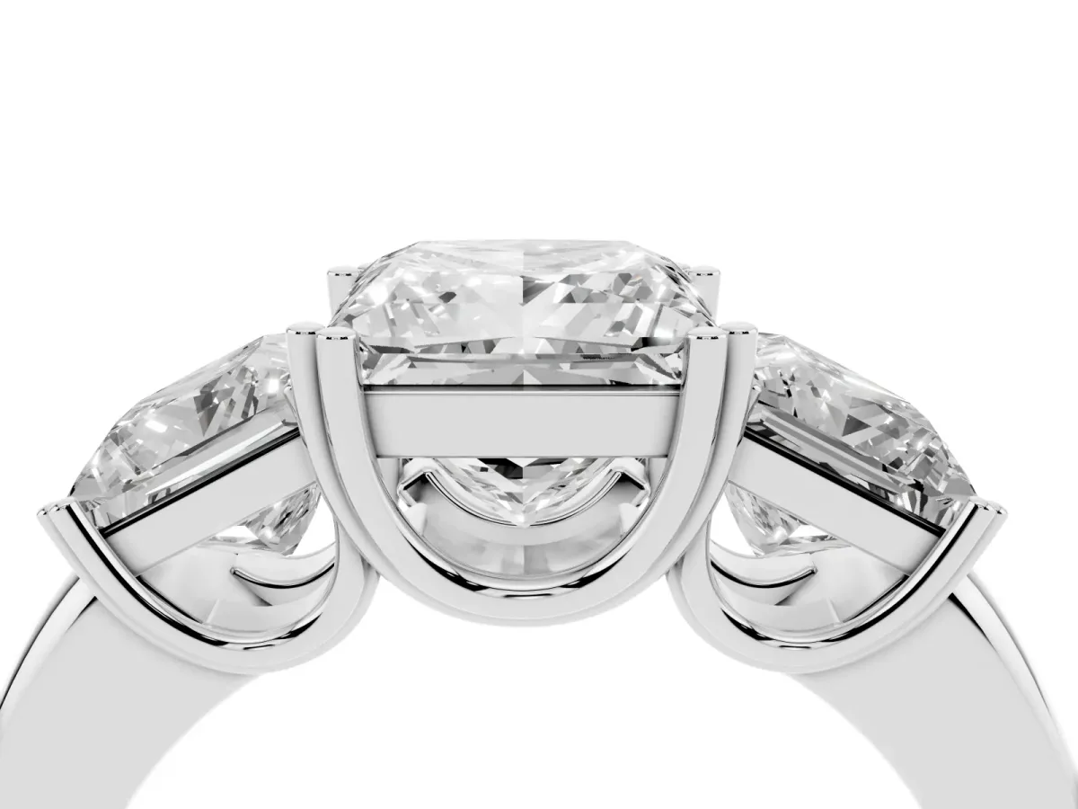 Three-Stone Princess Cut Cut Diamond Ring with Channel Set Band and Four-Prong Setting Silver