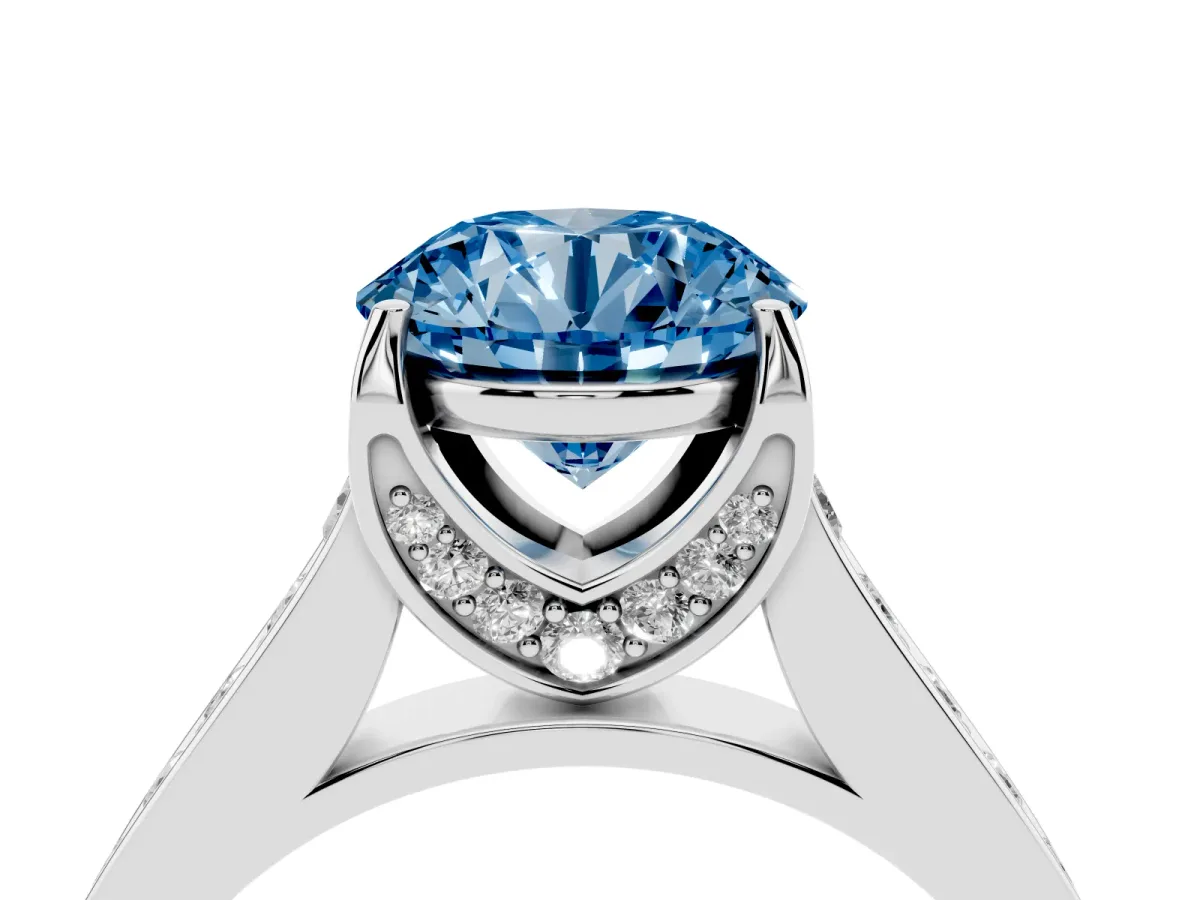 Fancy Blue Round Cut Brilliant Cut Diamond Engagement Ring with Pavé Band and Four-Prong Setting White gold