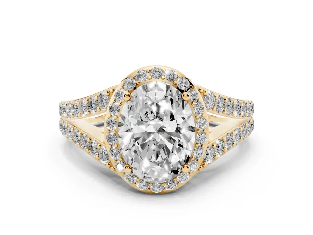 Oval Cut Diamond Split Shank Halo Ring with Four-Prong Setting Yellow gold