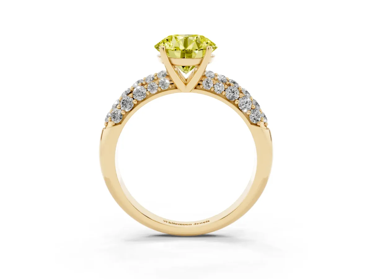 Fancy Yellow Round Cut Diamond Pavé Band Solitaire Ring with Four-Prong Setting Yellow gold