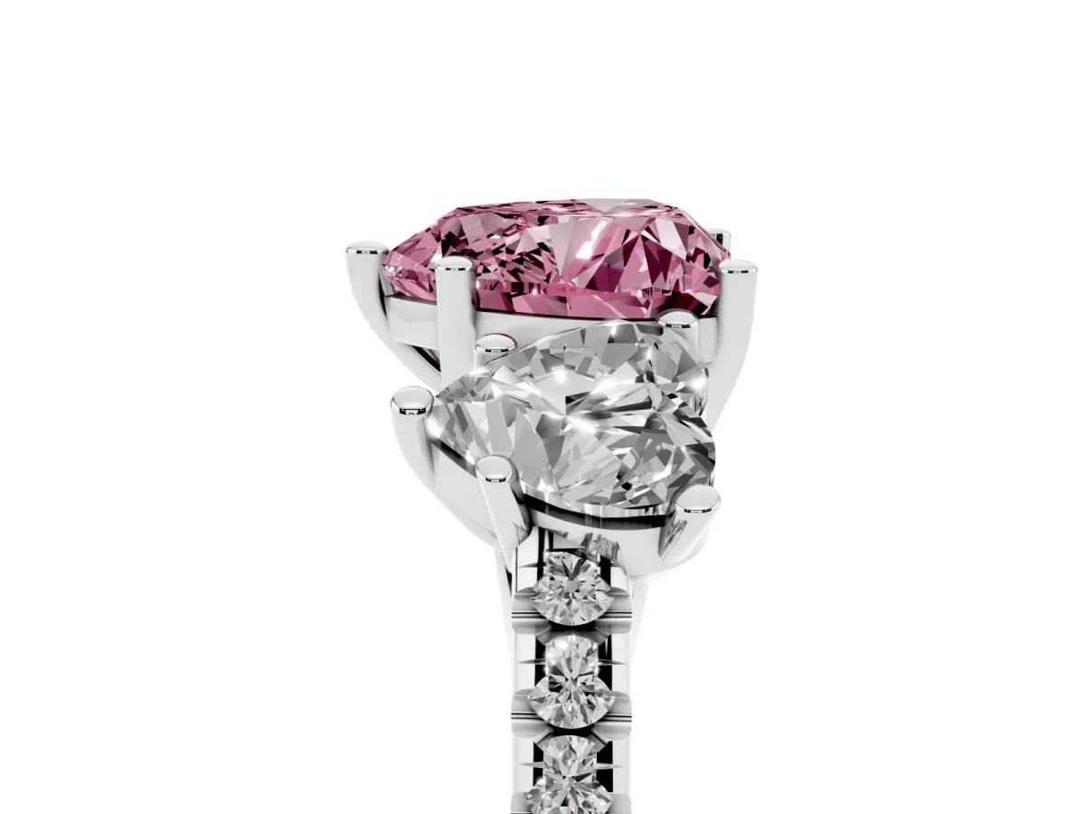 Fancy Pink Three-Stone Heart Cut Diamond Ring with Round Pavé Band and Prong Setting Silver