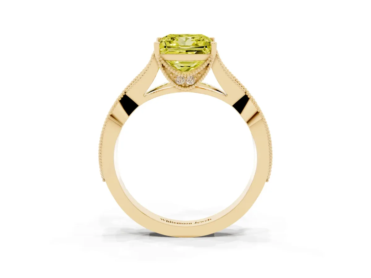 Fancy Yellow Princess Cut Cut Diamond Twisted Band with Milgrain Pave Setting and Four-Prong Setting Yellow gold
