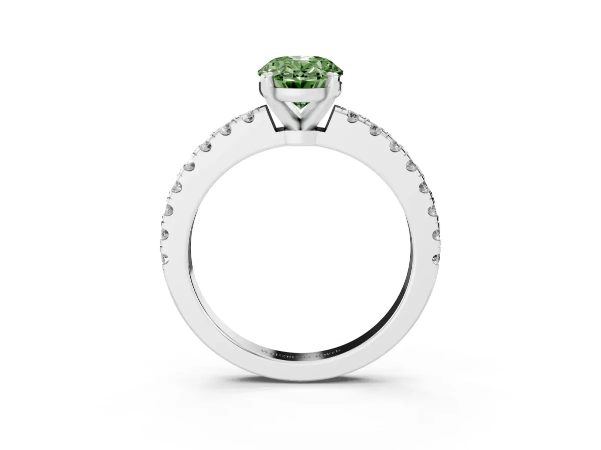 Fancy Green Oval Cut Solitaire Diamond with Pavé Band and Four-Prong Setting Silver