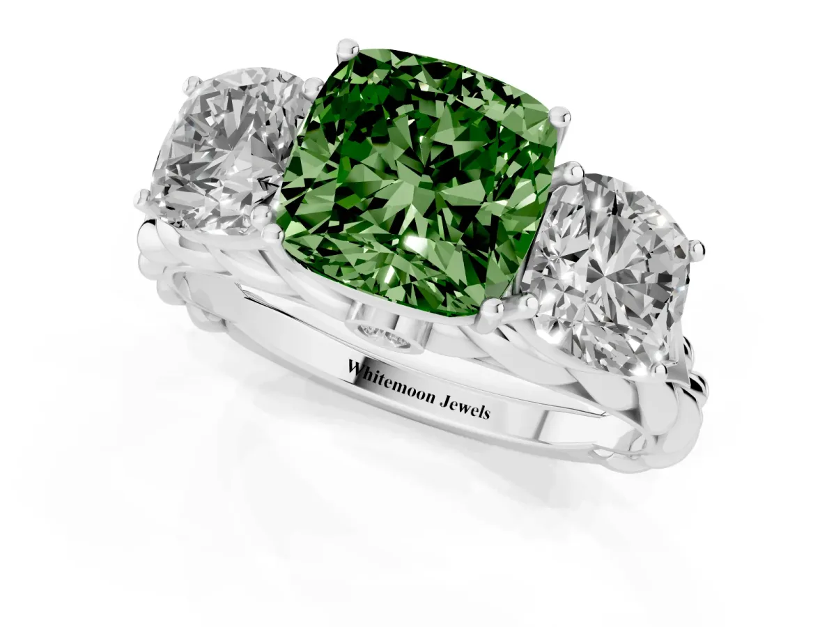 Fancy Green Three-Stone Cushion Cut Diamond Braided Band Ring with Four-Prong Setting Silver