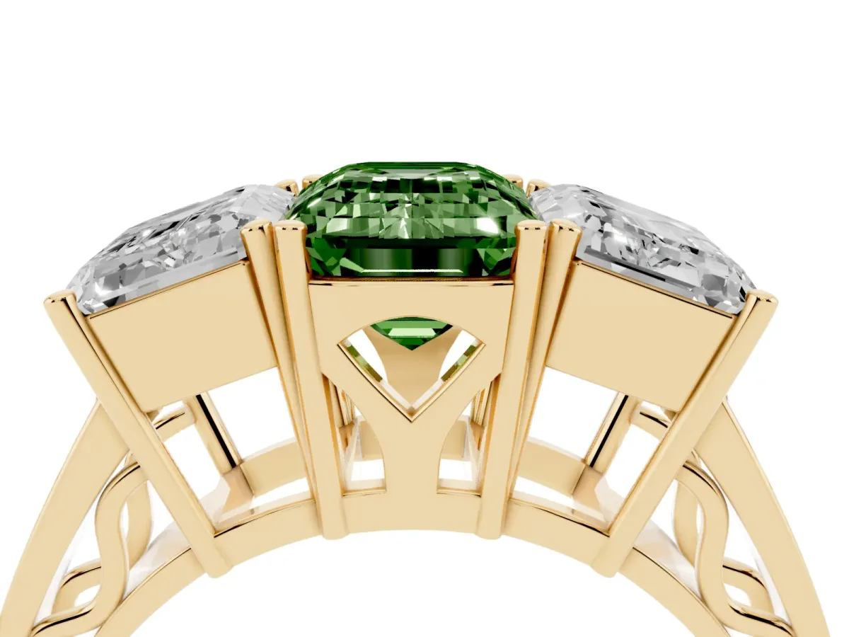 Fancy Green Emerald Cut Diamond Three-Stone Ring with Prong Setting and Textured Band Yellow gold