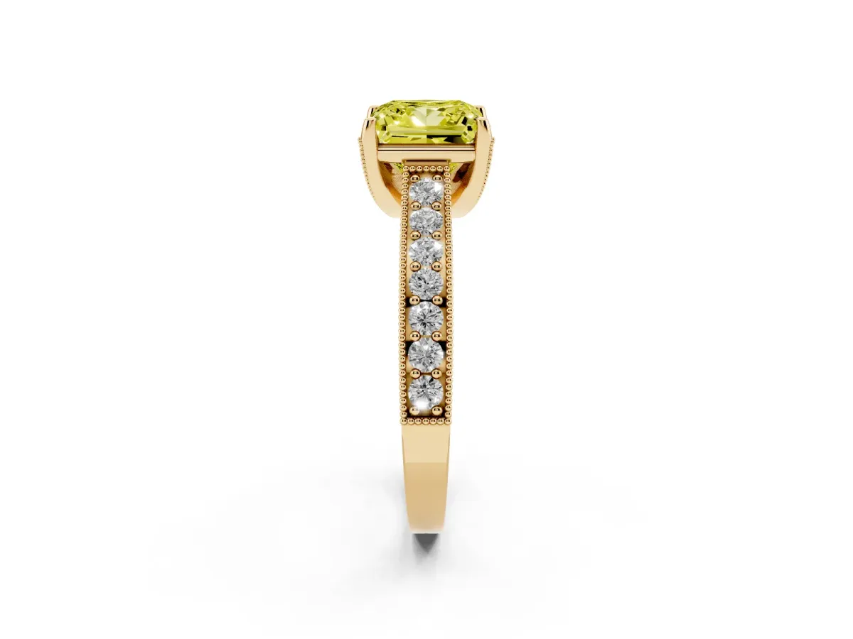 Fancy Yellow Princess Cut Cut Diamond Solitaire Ring with Milgrain Pave Band and Four Prong Setting Yellow gold