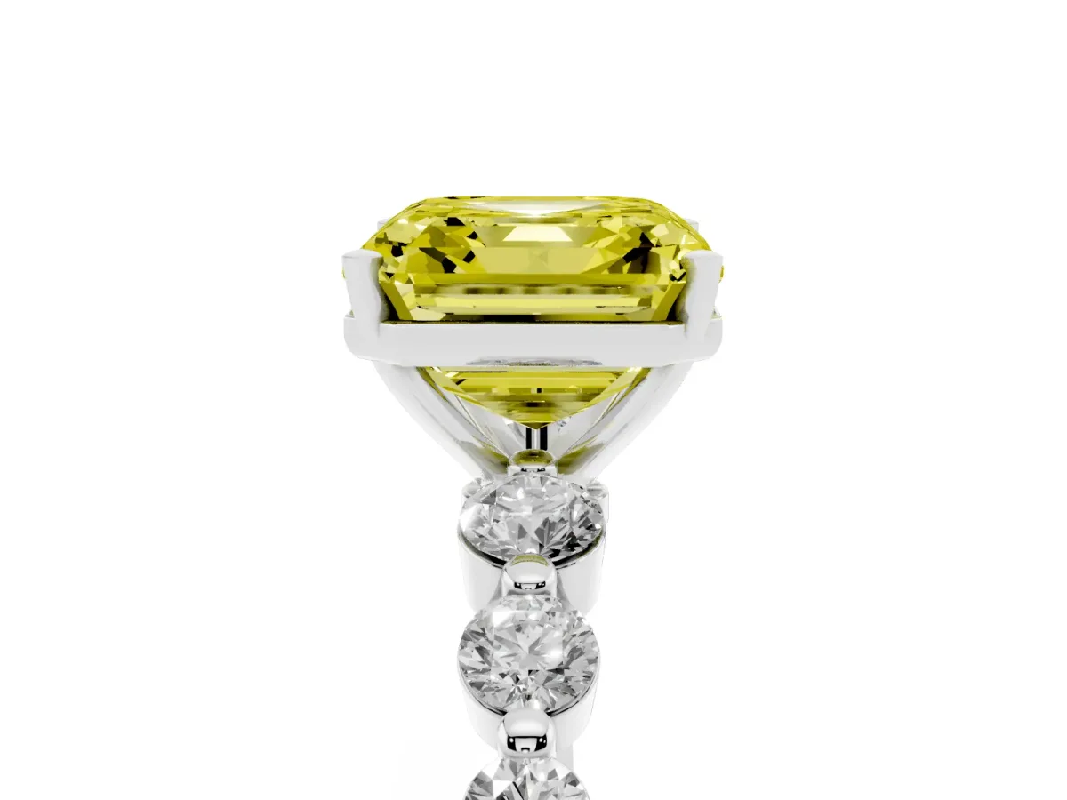 Fancy Yellow Asscher Cut Solitaire Diamond Ring with Pave Band and Four-Prong Setting Silver