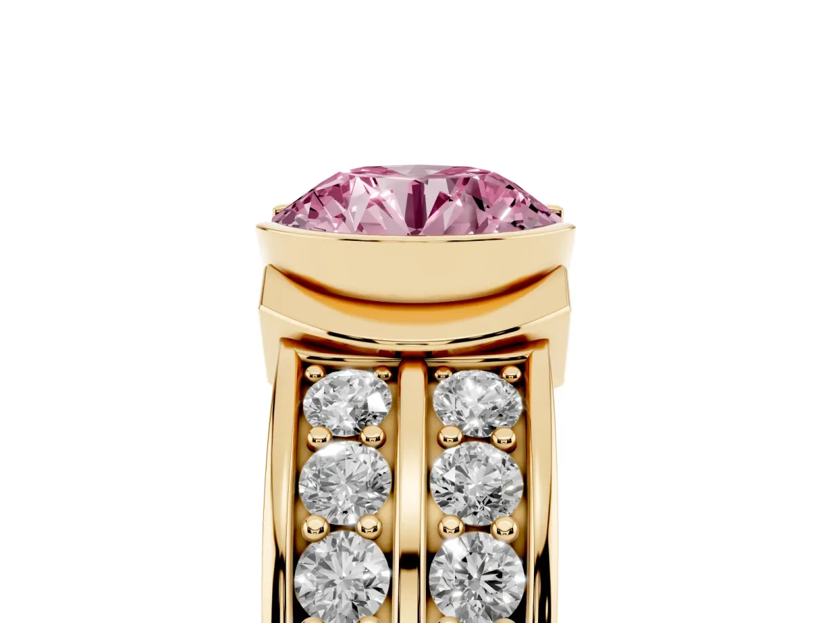 Fancy Pink Round Cut Brilliant Diamond Channel Set Wide Band Ring with Bezel Setting Yellow gold