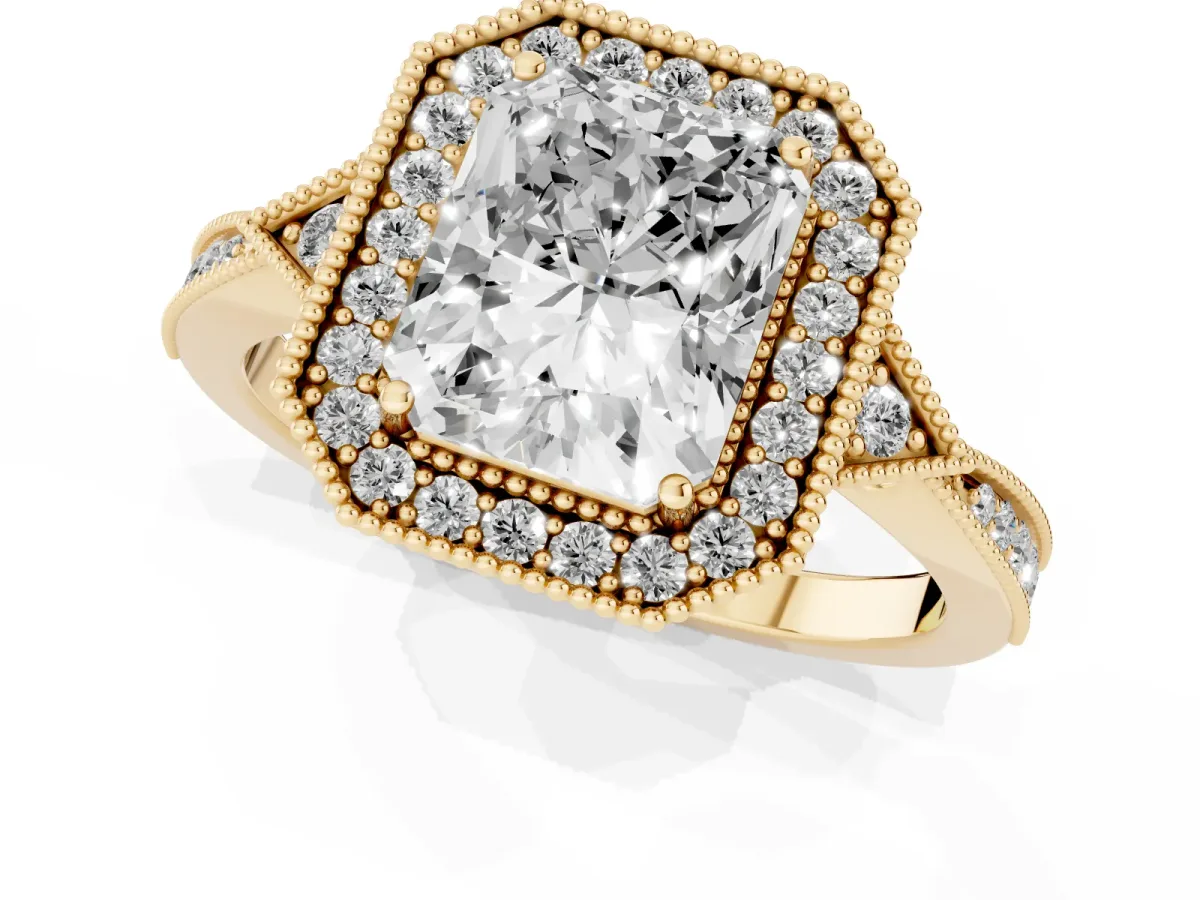 Radiant Cut Halo Round Diamond Milgrain Pave Engagement Ring Yellow gold