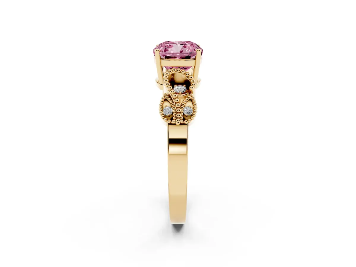 Fancy Pink Cushion Cut Solitaire Milgrain Leaf Band with Prong Setting Yellow gold