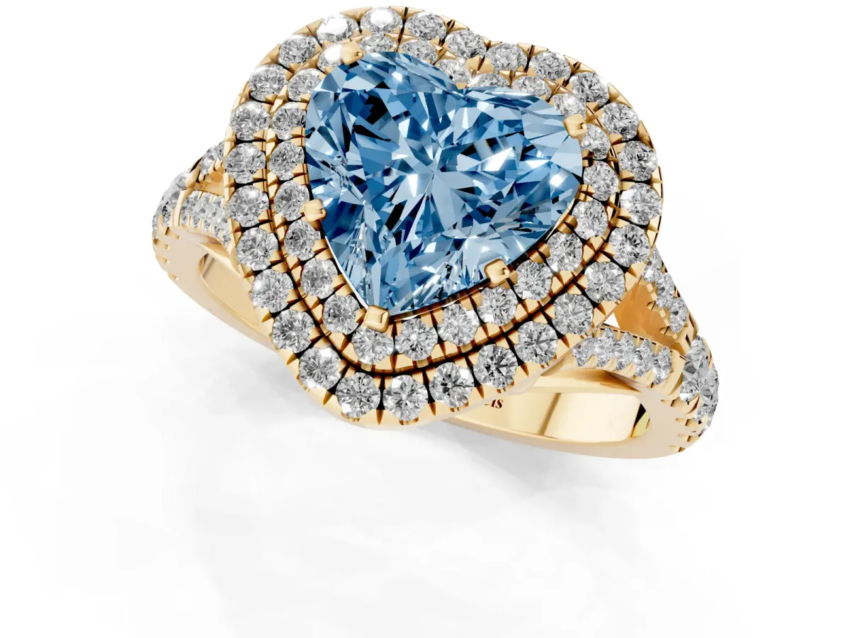 Fancy Blue Heart Cut Cut Double Halo Split Shank Diamond Ring with Prong Setting Yellow gold
