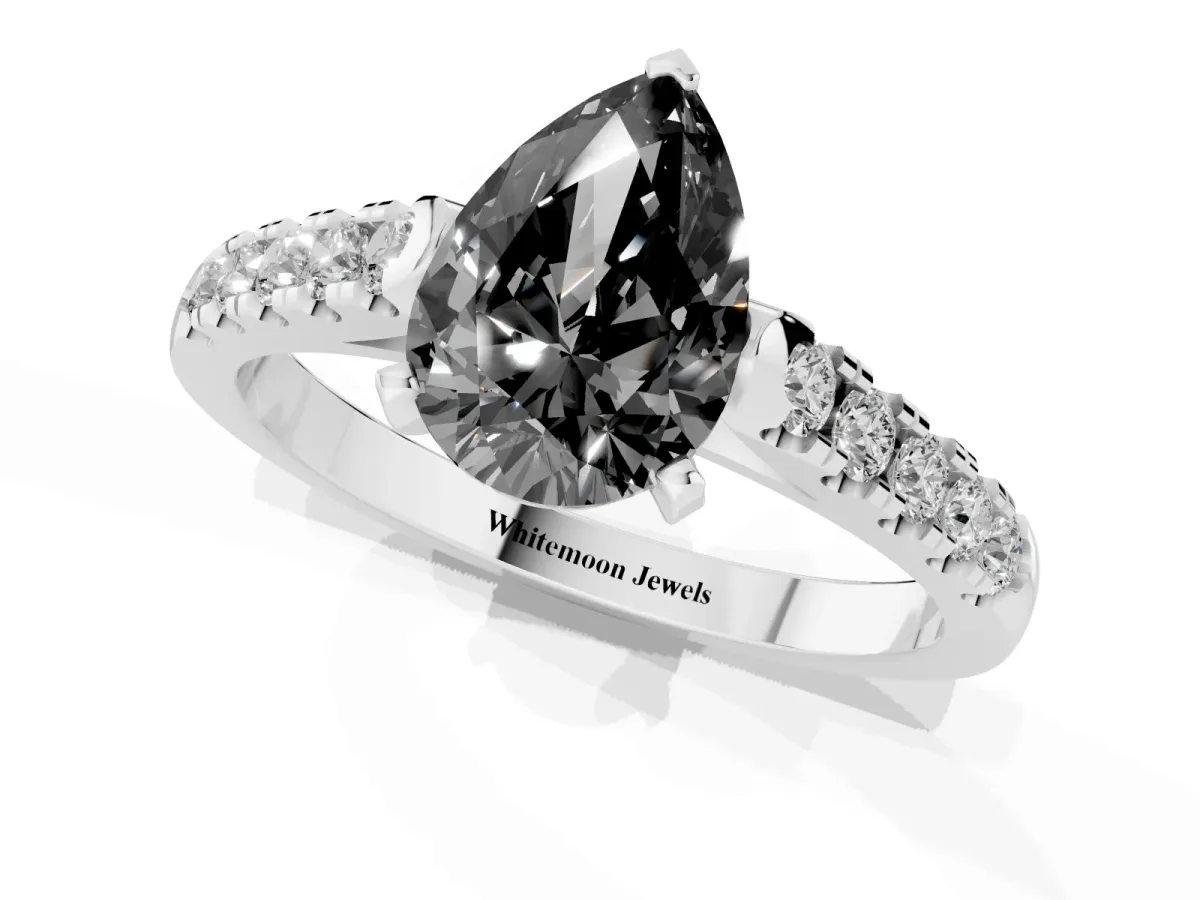 Fancy Black Pear Cut Diamond Pavé Band Solitaire Ring with Prong Setting Silver