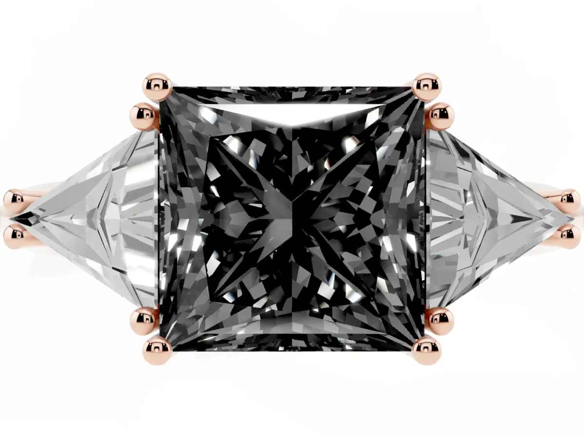 Fancy Black Three-Stone Princess Cut Diamond Engagement Ring with Trillion Side Stones and Prong Setting Rose gold