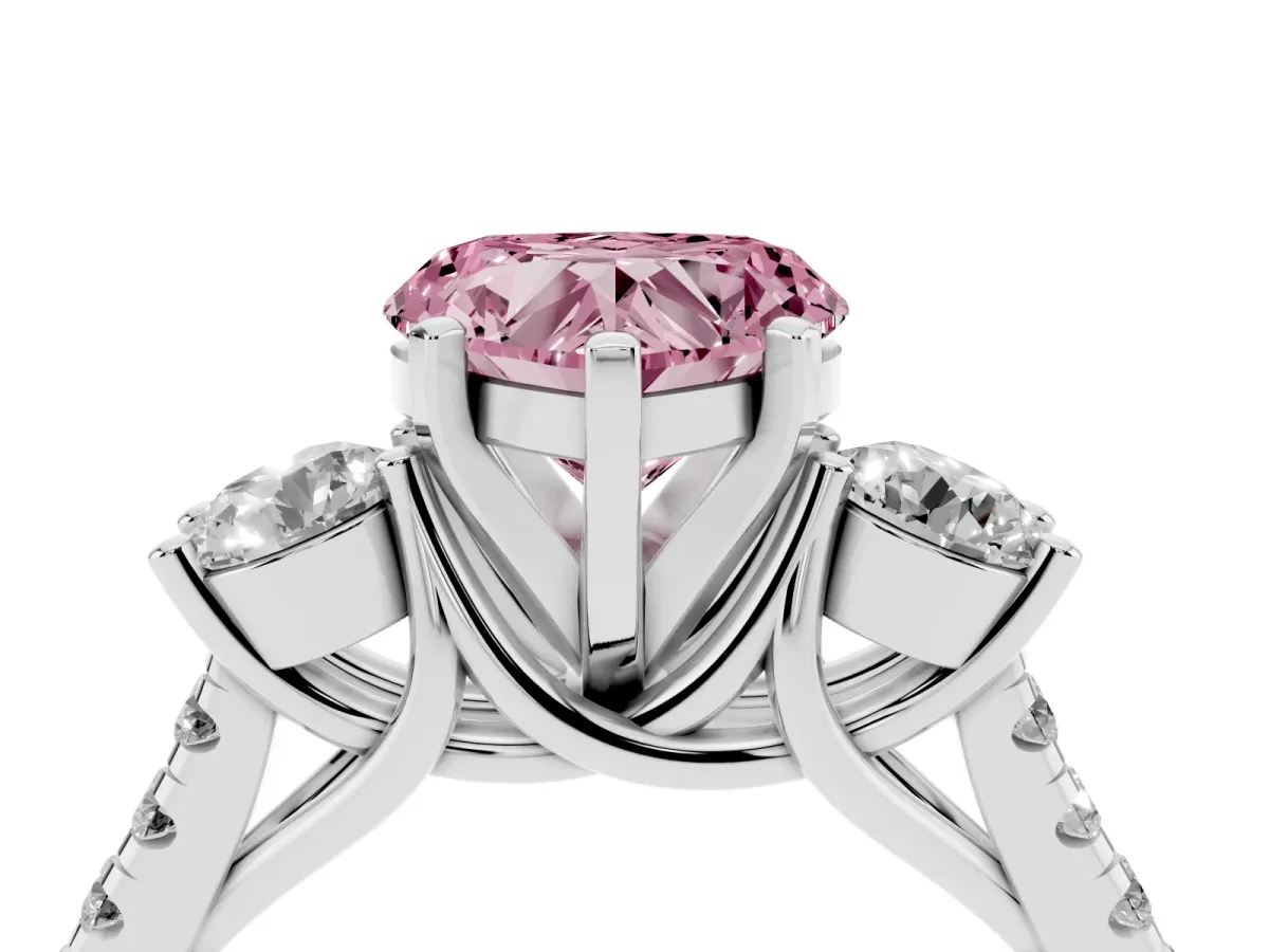 Fancy Pink Three-Stone Heart Cut Diamond Pavé Band with Four-Prong Setting Silver