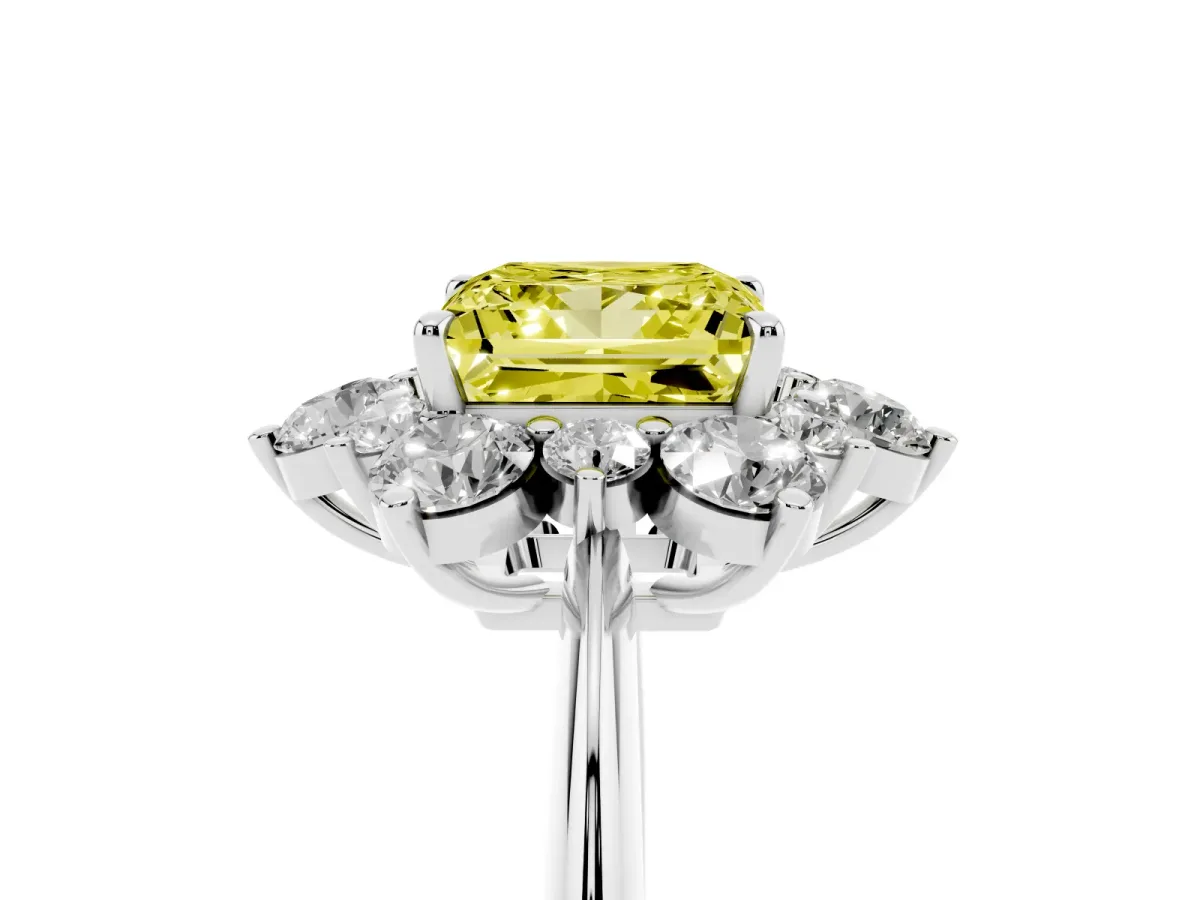 Fancy Yellow Princess Cut Diamond Cluster Halo Ring with Solitaire Band and Four-Prong Setting White gold
