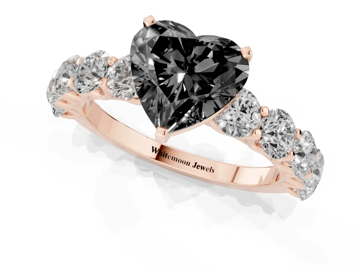Fancy Black Heart Cut Diamond Prong Setting with Side Stones on a Pave Band Rose gold