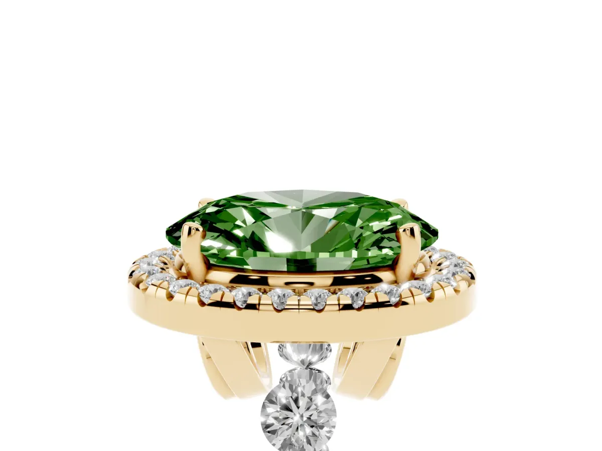 Fancy Green Oval Cut Halo Pavé Diamond Engagement Ring with Four-Prong Setting Yellow gold
