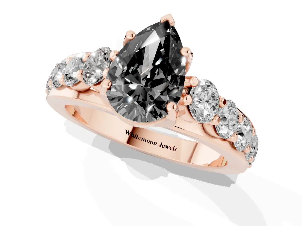 Fancy Black Pear Cut Diamond Engagement Ring with Pavé Band and Four-Prong Setting Rose gold