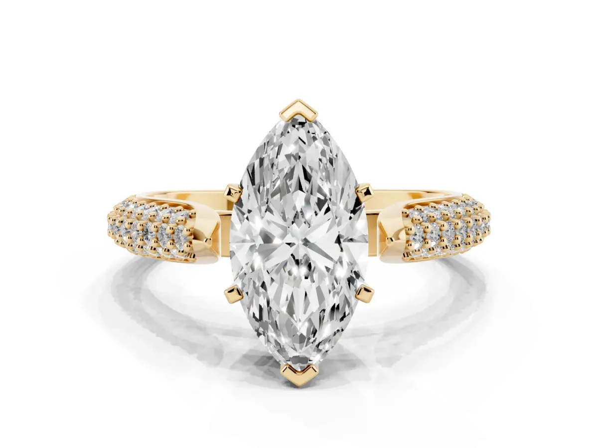 Marquise Cut Diamond Solitaire Engagement Ring with Multi-Row Round Pavé Band and Prong Setting Yellow gold