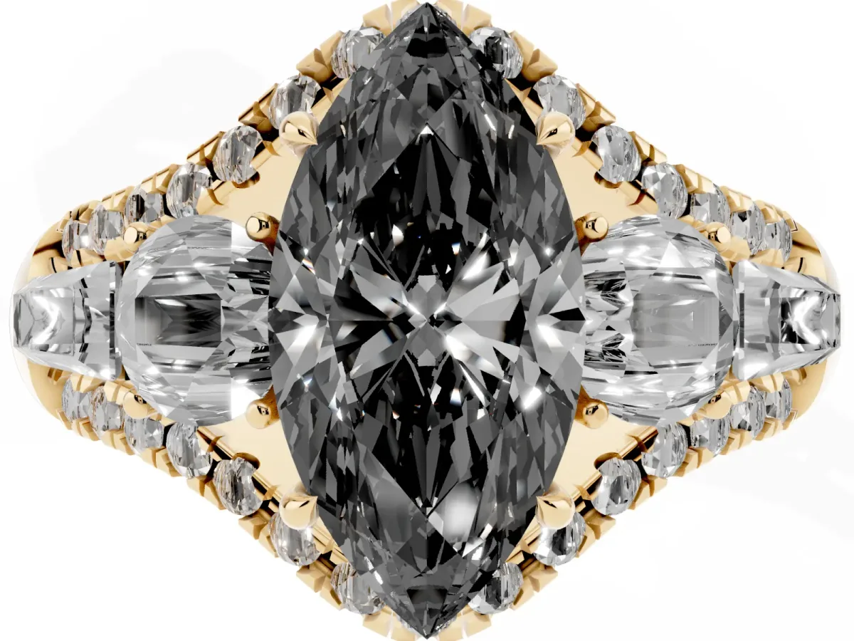 Fancy Black Three-Stone Marquise Cut Diamond Engagement Ring with Pave Band and Prong Setting Yellow gold