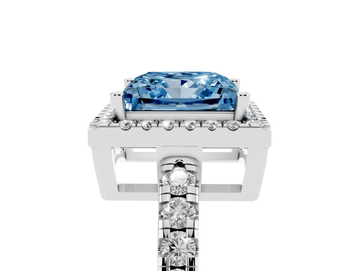 Fancy Blue Princess Cut Diamond Halo Ring with Pavé Band and Four-Prong Setting Silver