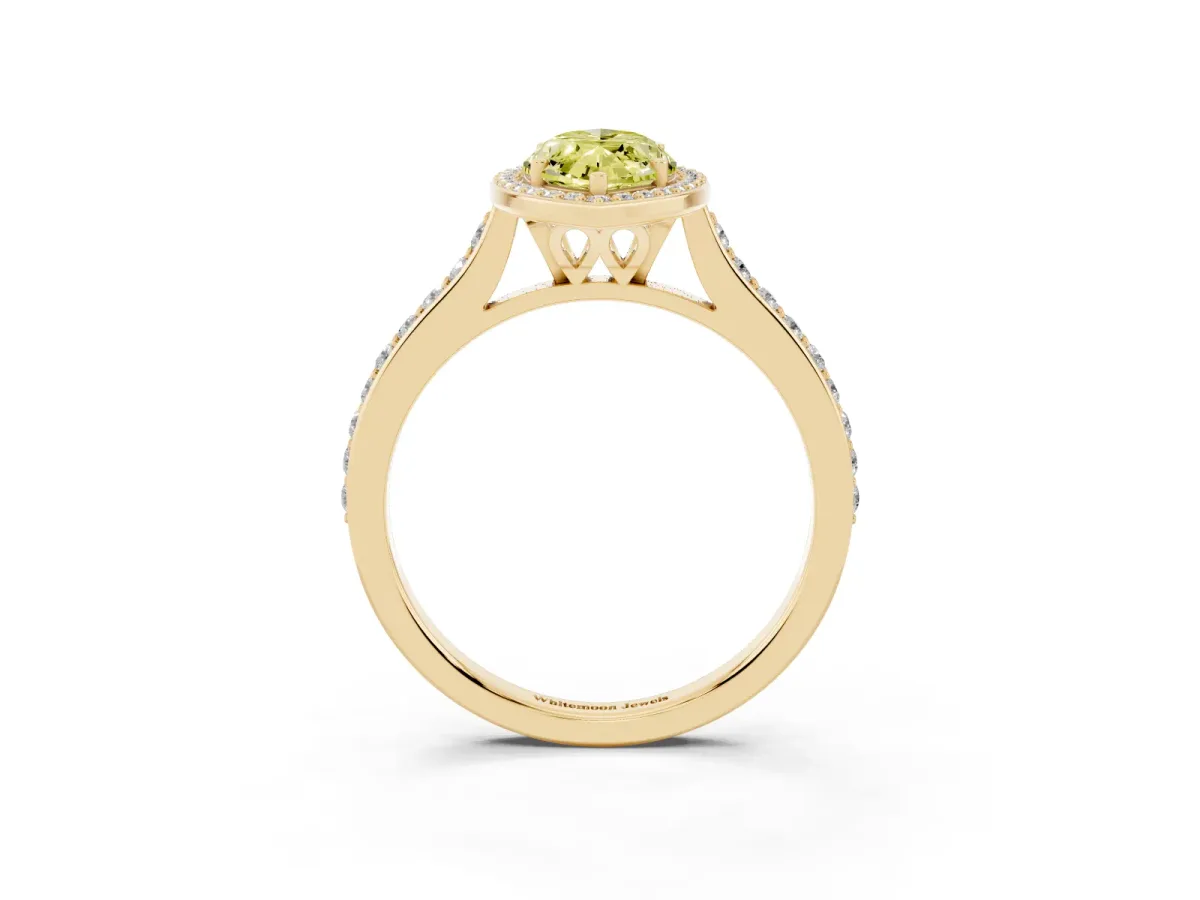 Fancy Yellow Marquise Cut Diamond Halo Engagement Ring with Round Pavé Shoulders and Prong Setting Yellow gold