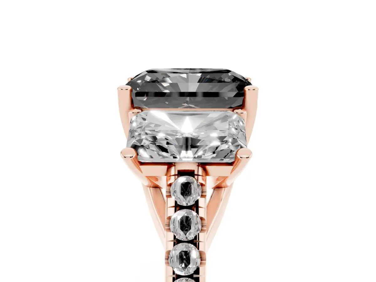 Fancy Black Three-Stone Radiant Cut Diamond Ring with Round Pavé Band and Prong Setting Rose gold