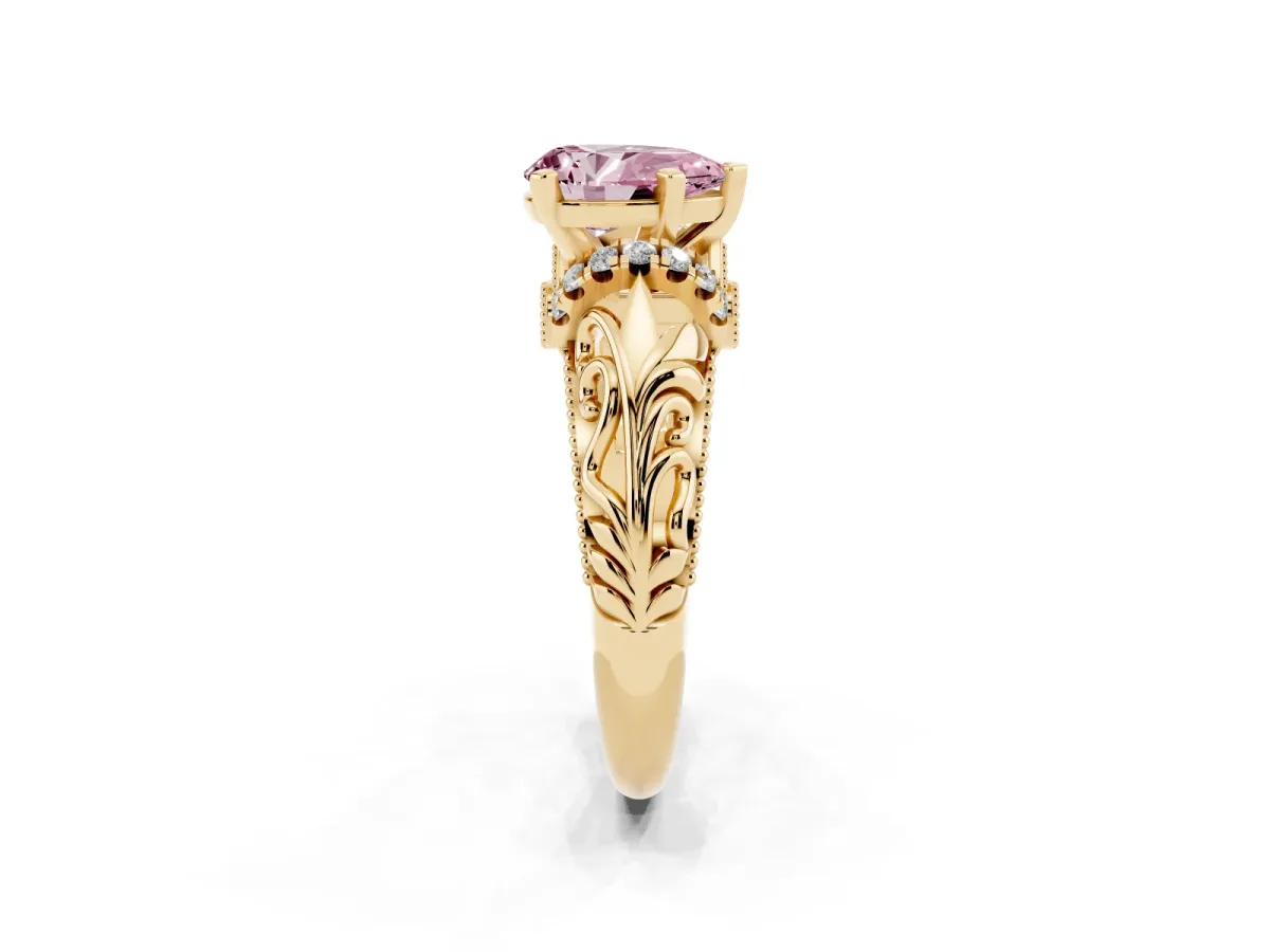 Fancy Pink Pear Cut Solitaire Filigree Engagement Ring with Halo and Prong Setting Yellow gold
