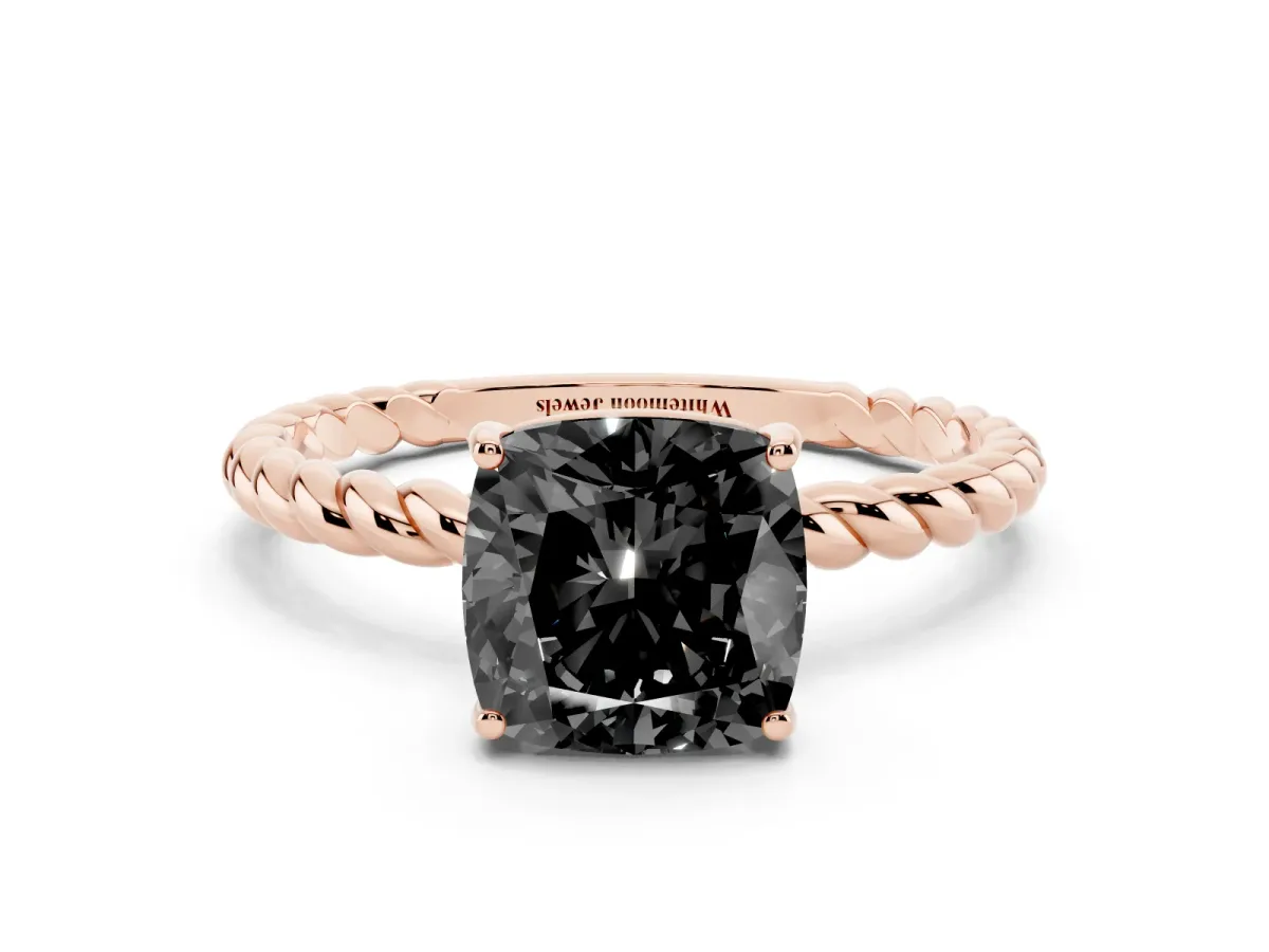 Fancy Black Cushion Cut Solitaire Twisted Band 4-Prong Ring Rose gold