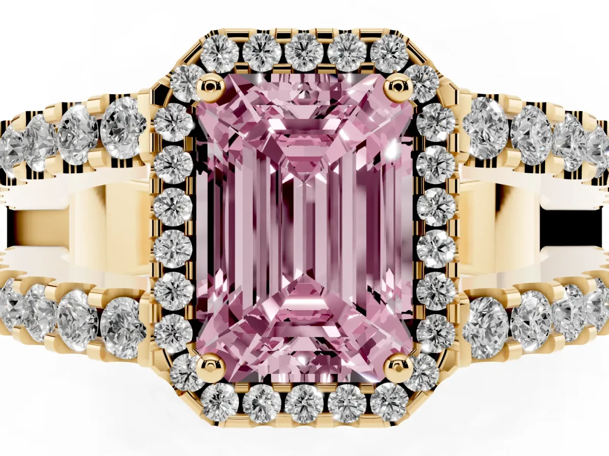 Fancy Pink Emerald Cut Cut Halo Split Shank Diamond Ring with Four-Prong Setting Yellow gold