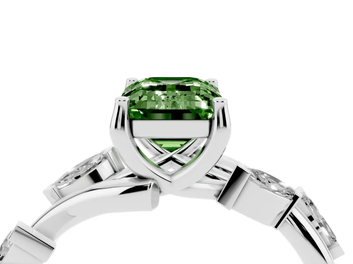 Fancy Green Emerald Cut Solitaire Twisted Band Marquise Accent Prong Setting Ring White gold