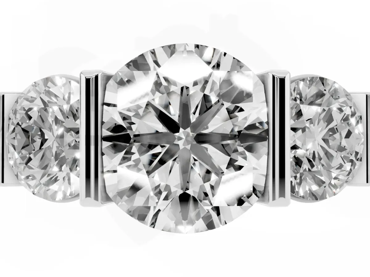 Three-Stone Round Cut Brilliant Diamond Ring with Channel Setting and White Gold Band Silver