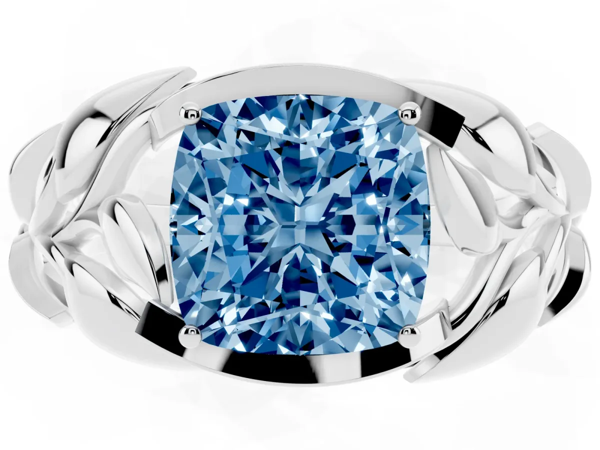 Fancy Blue Cushion Cut Diamond Leaf-Inspired Engagement Ring with Round Accents and Prong Setting Silver