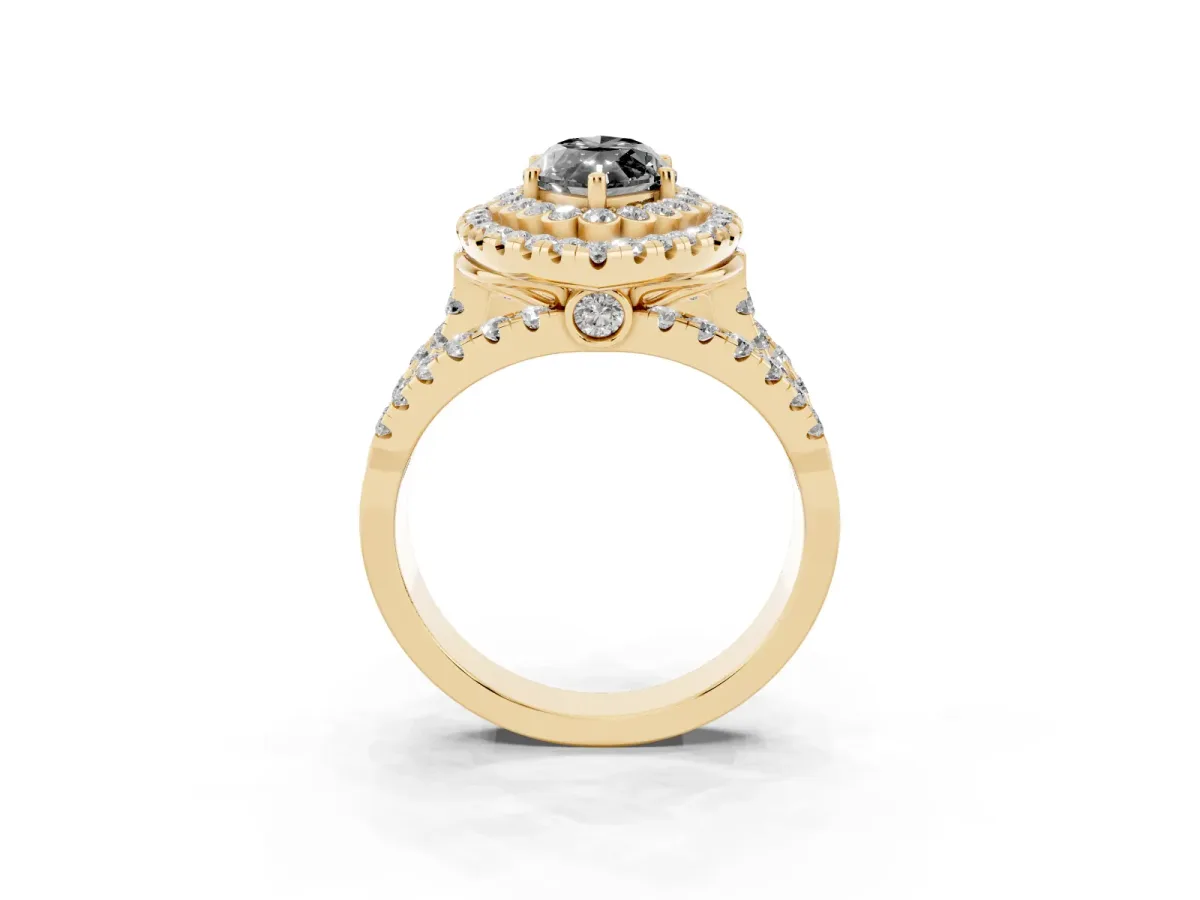 Fancy Black Marquise Cut Diamond Double Halo Ring with Round Pavé Split Shank and Prong Setting Yellow gold