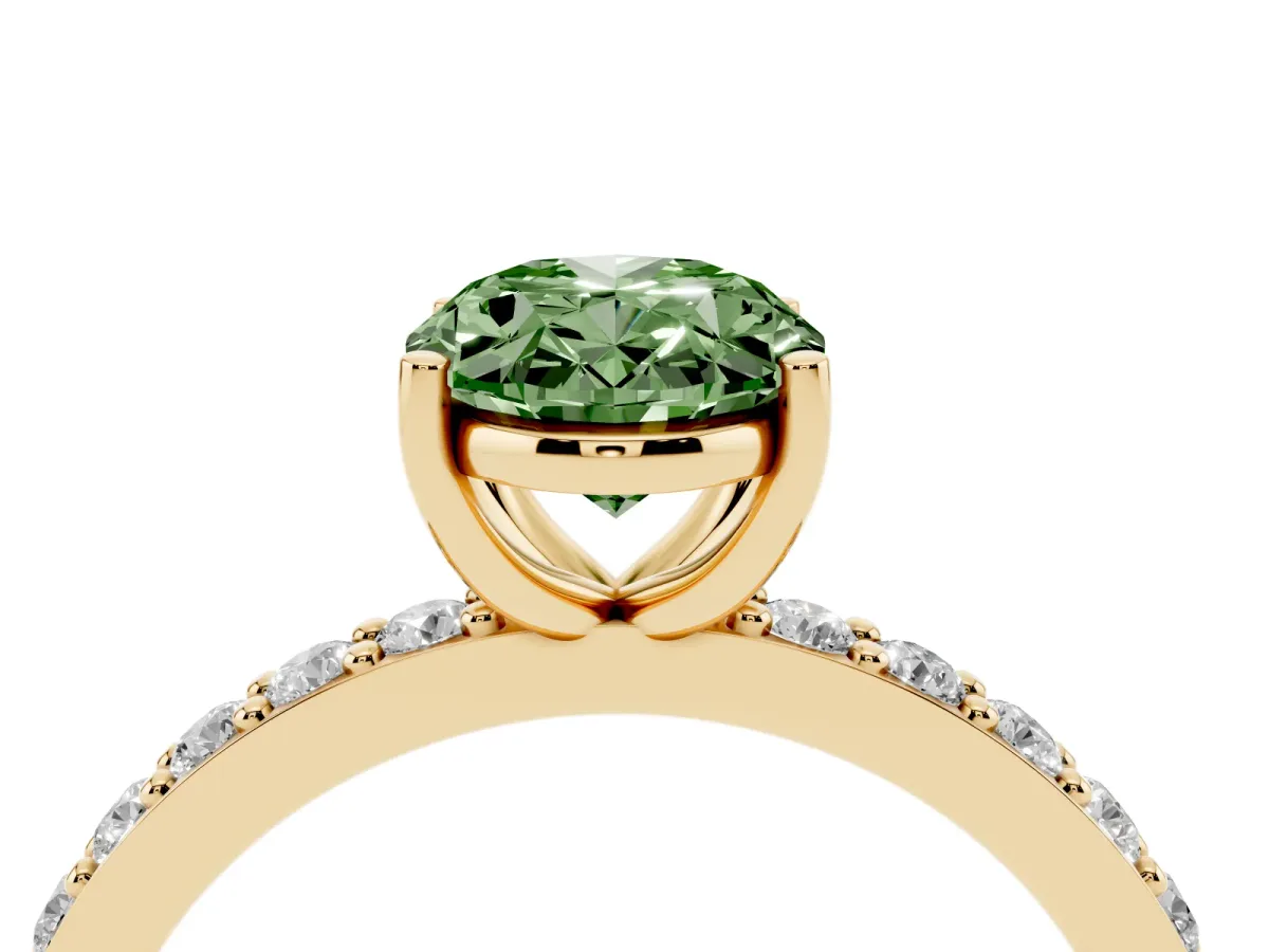 Fancy Green Oval Cut Cut Diamond Solitaire with Pave Band and Four-Prong Setting Yellow gold