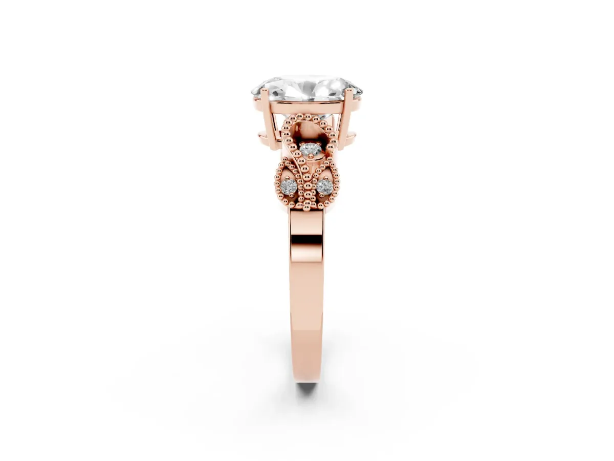 Oval Cut Solitaire Milgrain Leaf Band with Prong Setting Rose gold