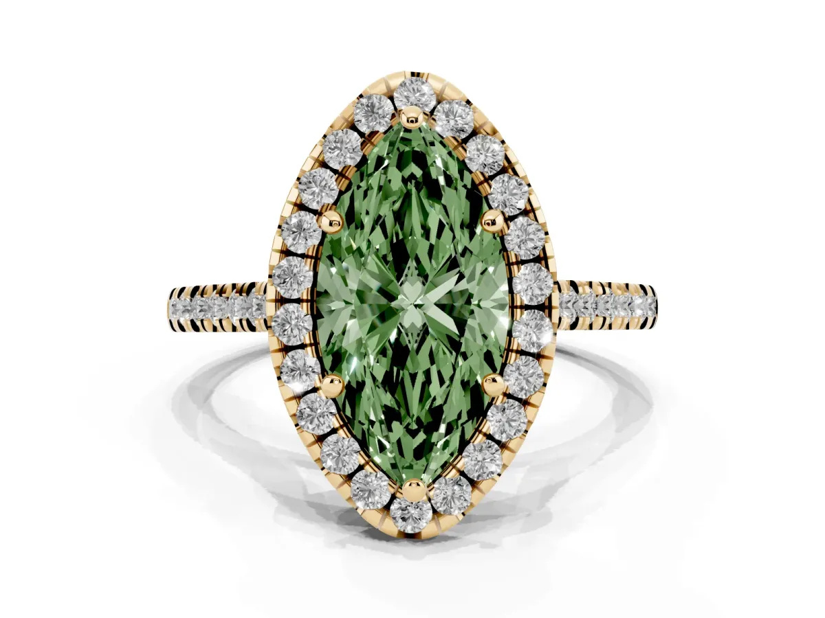 Fancy Green Marquise Cut Diamond Cushion Halo Ring with Pavé Band Yellow gold