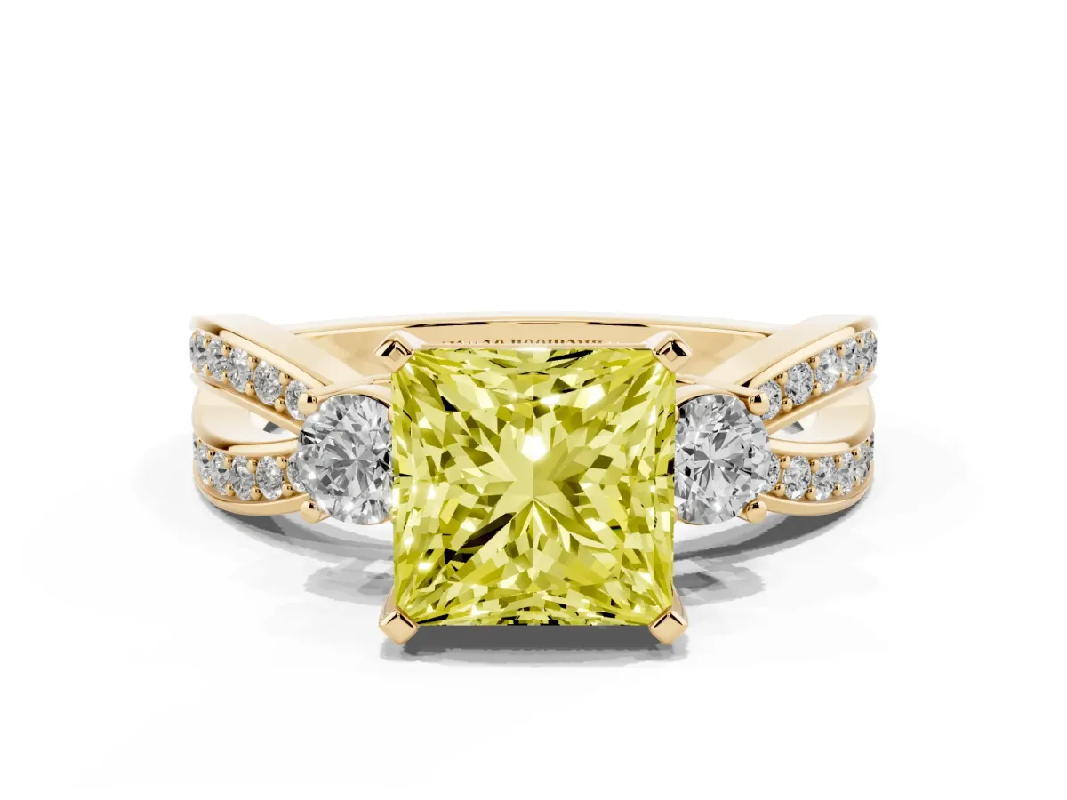 Fancy Yellow Three-Stone Princess Cut Cut Diamond Twist Band with Prong Setting Yellow gold