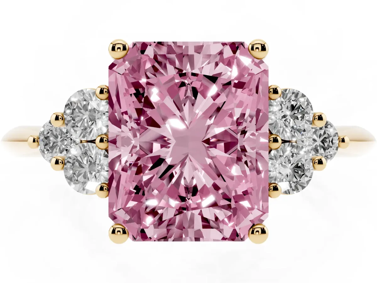 Fancy Pink Radiant Cut Cut Diamond Cluster Ring with Solitaire Band and Four-Prong Setting Yellow gold