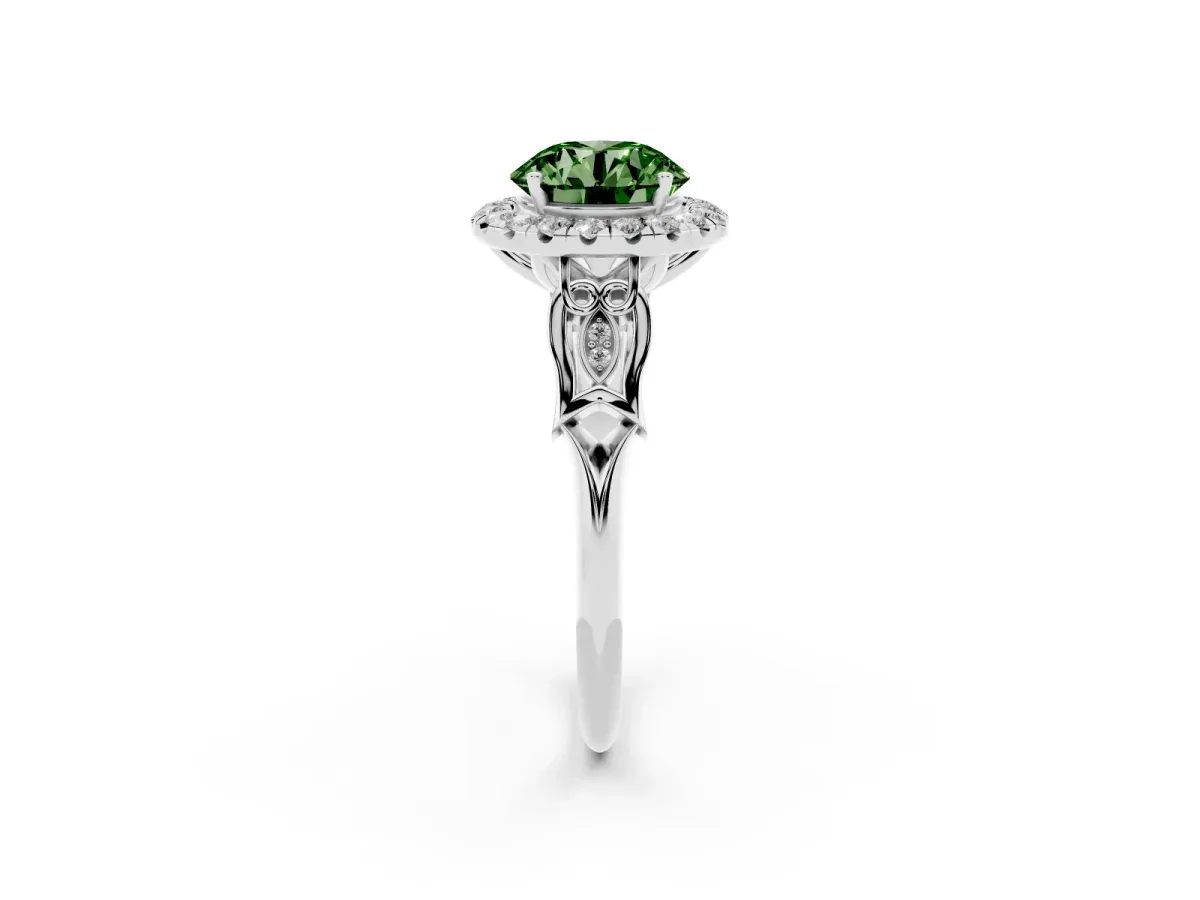 Fancy Green Round Cut Halo Diamond Engagement Ring with Filigree Band and Four-Prong Setting Platinum
